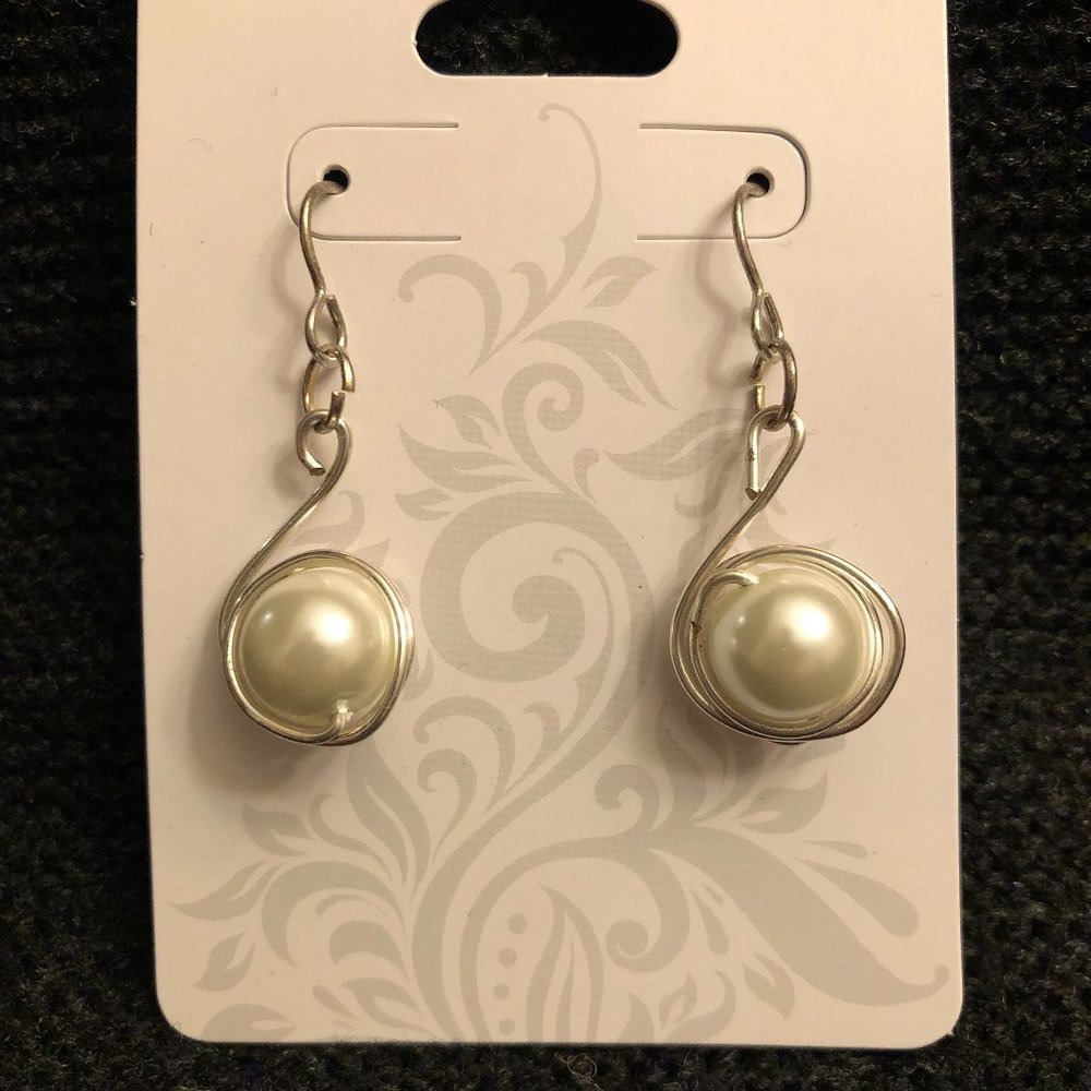 Faux Pearl Dangle Ear Rings, Silver Plated Wire Wrapped - Handmade